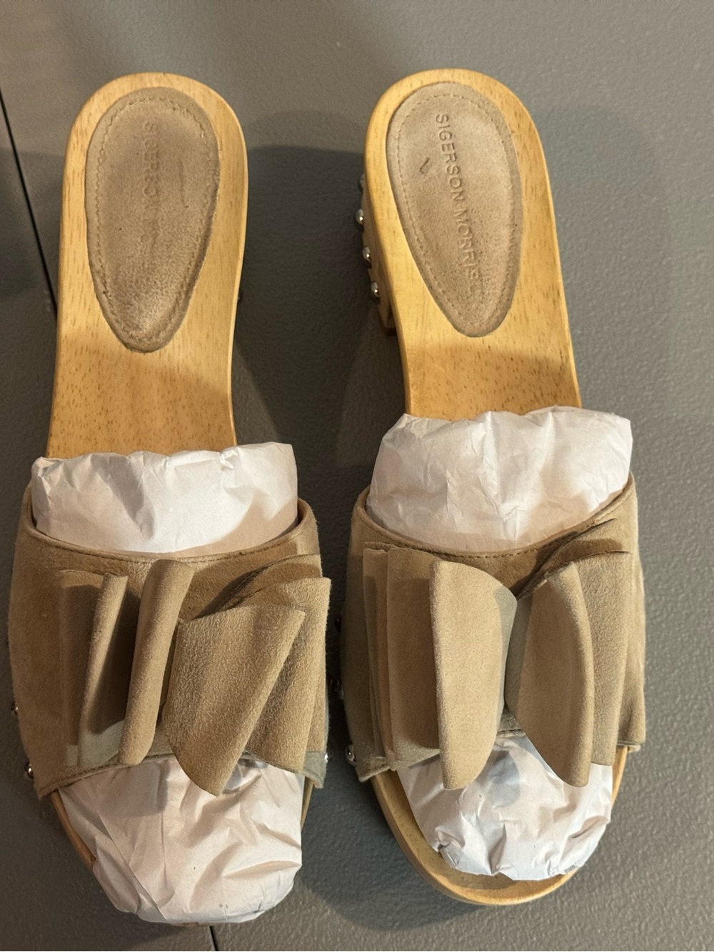 Sigerson Morrison Beige Suede Ruffle Clogs with Studded Wood Heel